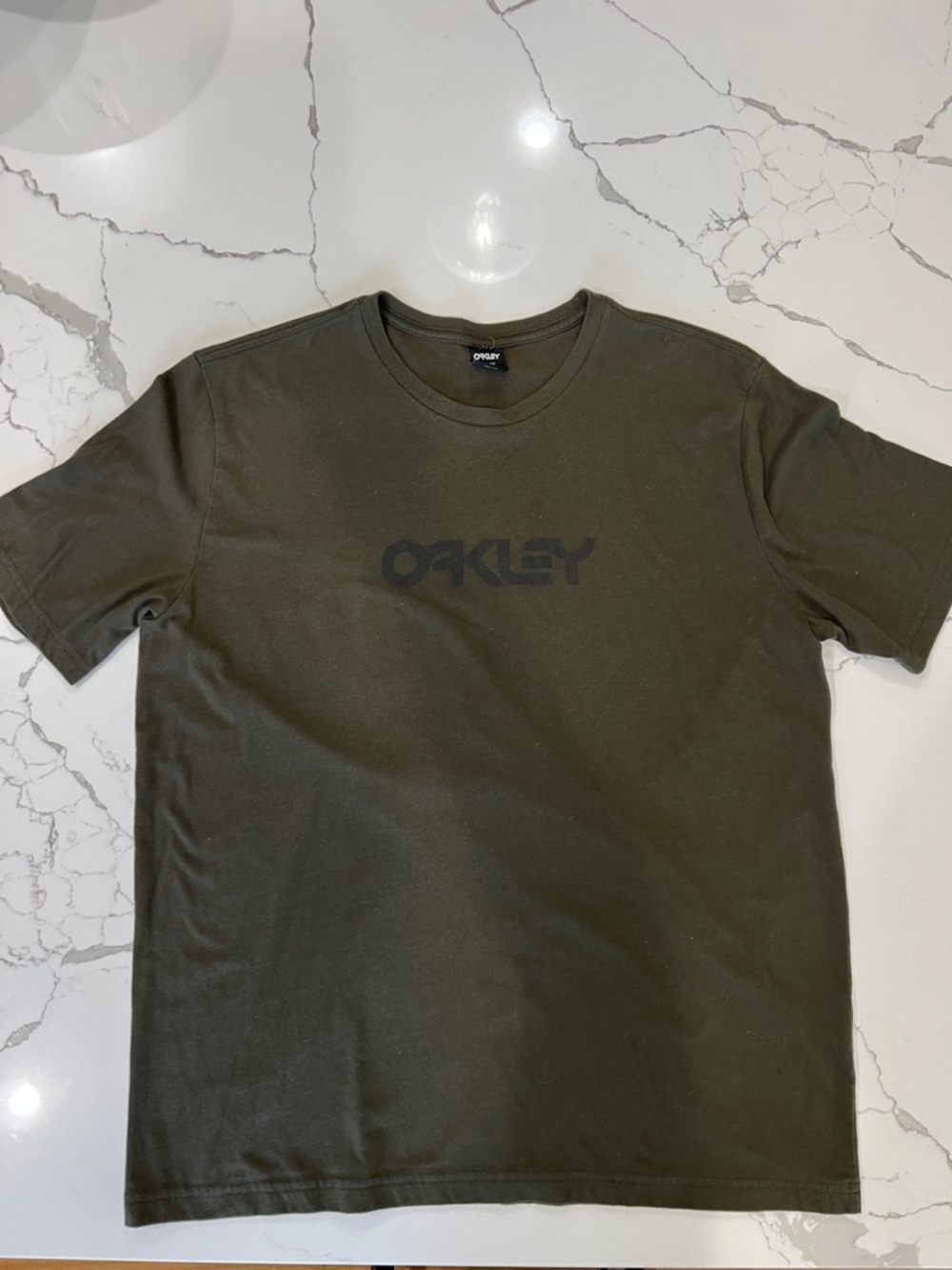 Oakley Olive Green Custom Fit Logo Spellout Graphic Tee Shirt L